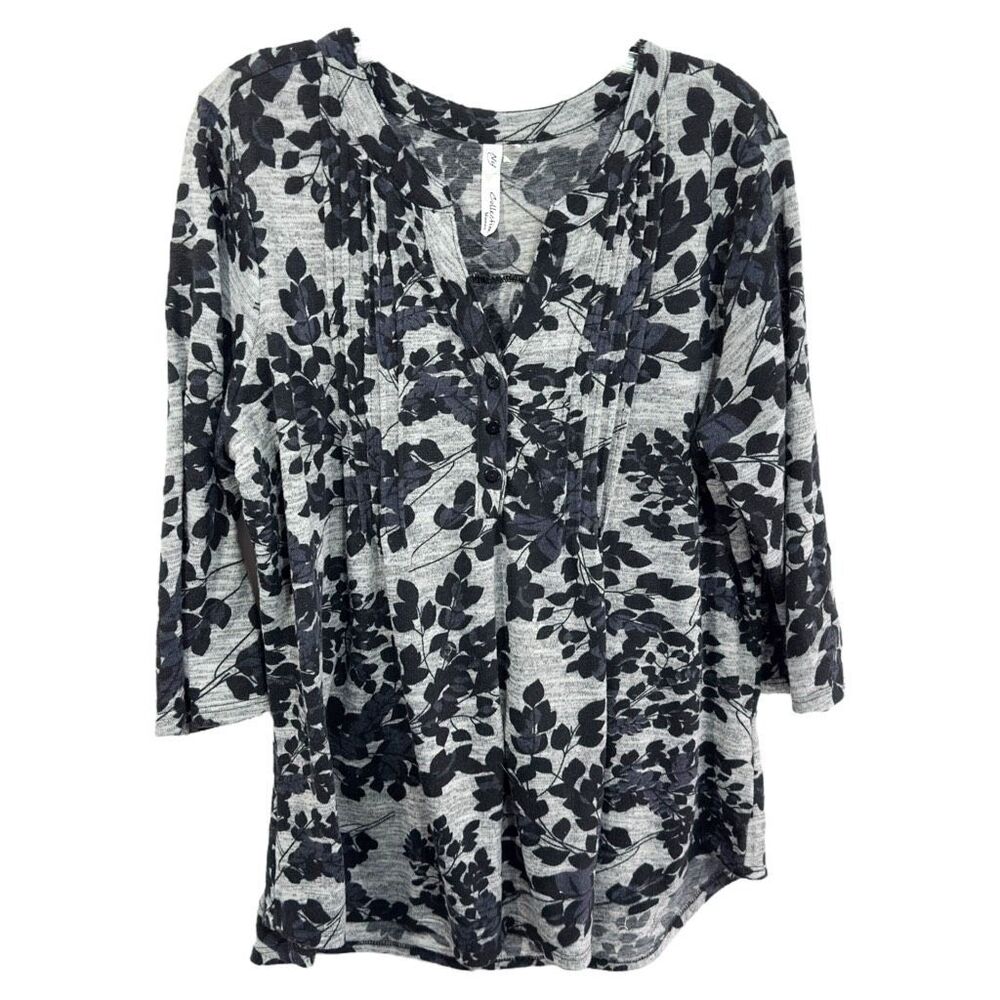 NY Collection Plus Size 3X Top Gray Black Floral V Neck Knit Boho‎ Stretch 830